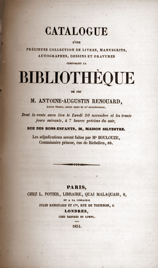 Renouard: Catalogue d’une précieuse collection de livres, 1854