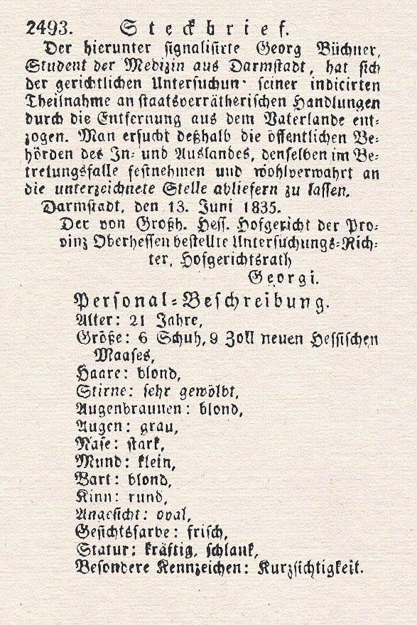 Georg Büchner, Steckbrief vom 13. Juni 1835