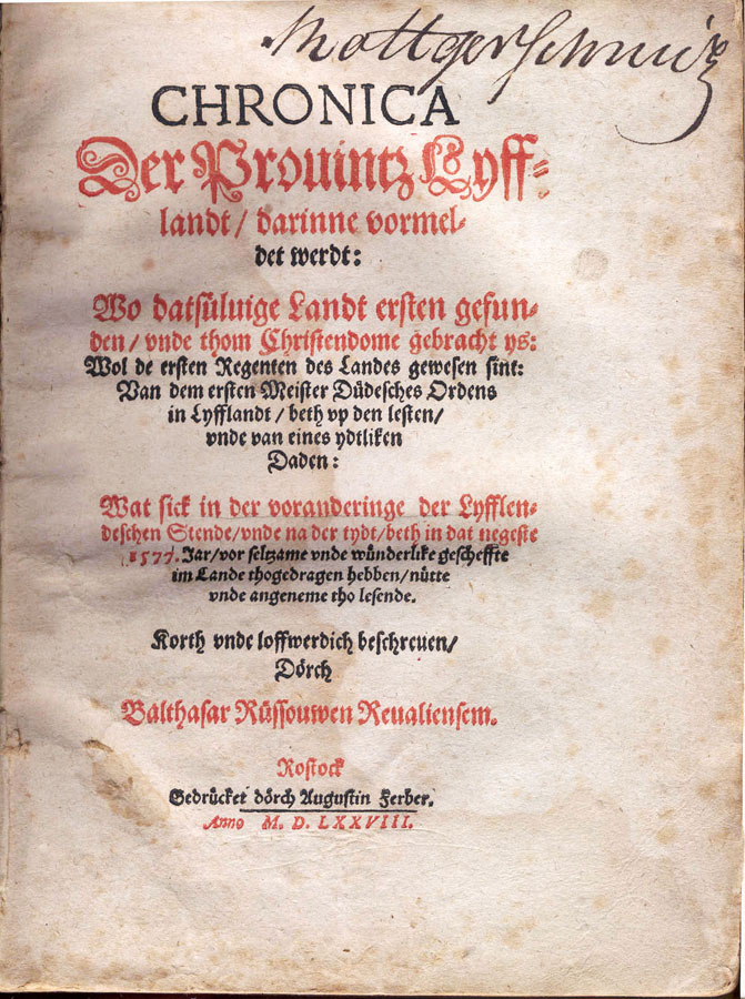 Balthasar Russow: Chronica der Provintz Lyfflandt, 1578