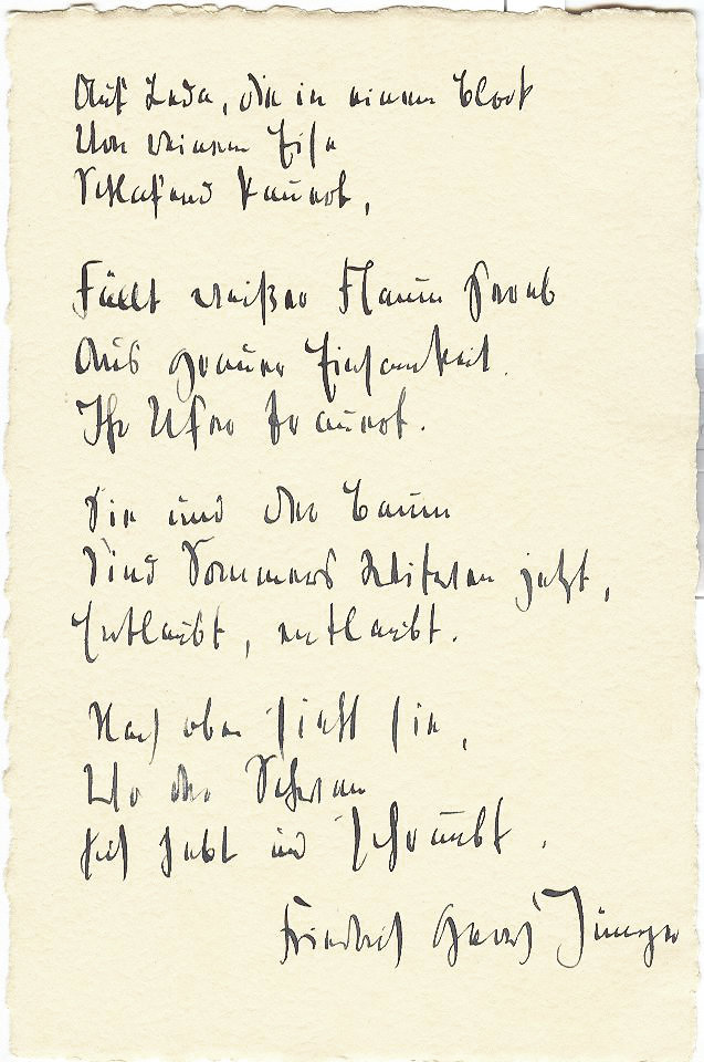 Friedrich Georg Jünger: Albumblatt mit Gedicht