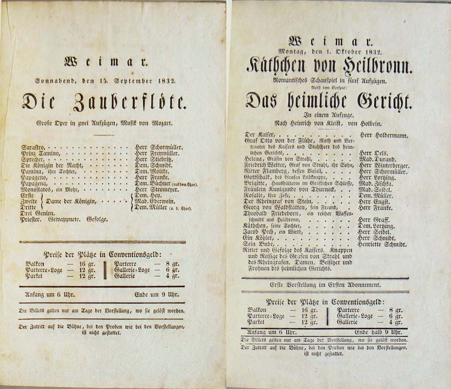 Theater-Zettel des Weimarer Hoftheaters, 1832-1833