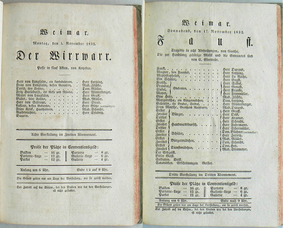 Theater-Zettel des Weimarer Hoftheaters, 1832-1833