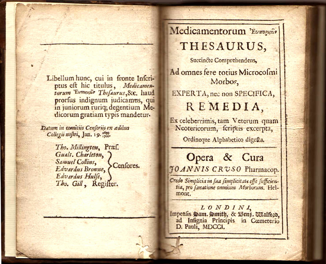 Joannes Cruso: Medicamentorum Εὐπορίστων Thesaurus, 1701